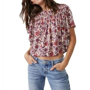 Free People Floral Smocked Ruffle Crop Top - Red & Purple on Cream